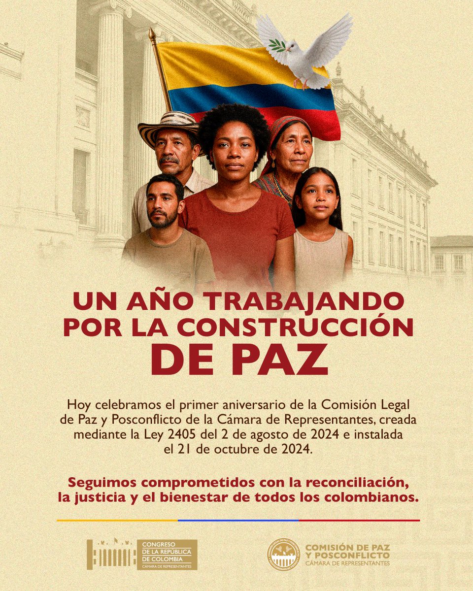 🇨🇴🕊️ Hace un año nació la Comisión Legal de Paz y Posconflicto de la  <a href="/CamaraColombia/">Cámara de Representantes de Colombia</a>.
Un año acompañando los territorios, escuchando a las víctimas y trabajando por la reconciliación.
Seguimos firmes en la construcción de una #PazTerritorial con justicia y dignidad. ✊🏼🤝