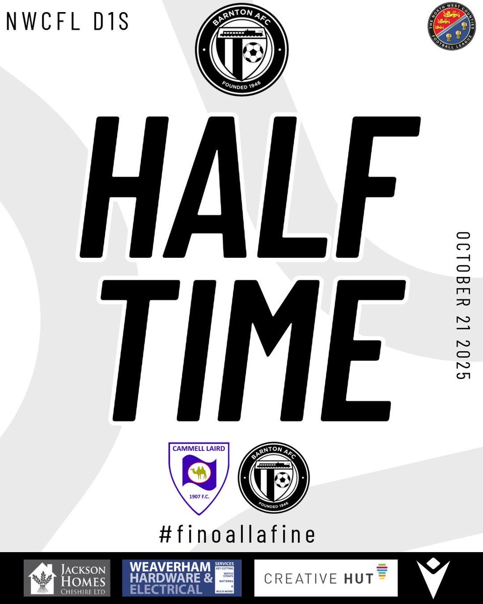 barntonfc's tweet photo. ⏸️ Half-time |
Cammell Laird 0-1 Barnton ⚽️
We lead at the break thanks to Charlie Jarrald’s well-taken goal!
⚫️⚪️⚫️⚪️
#CheshireJuve #nwcfl #BarntonFC #finoallafine https://t.co/GtgBeQ0QDz