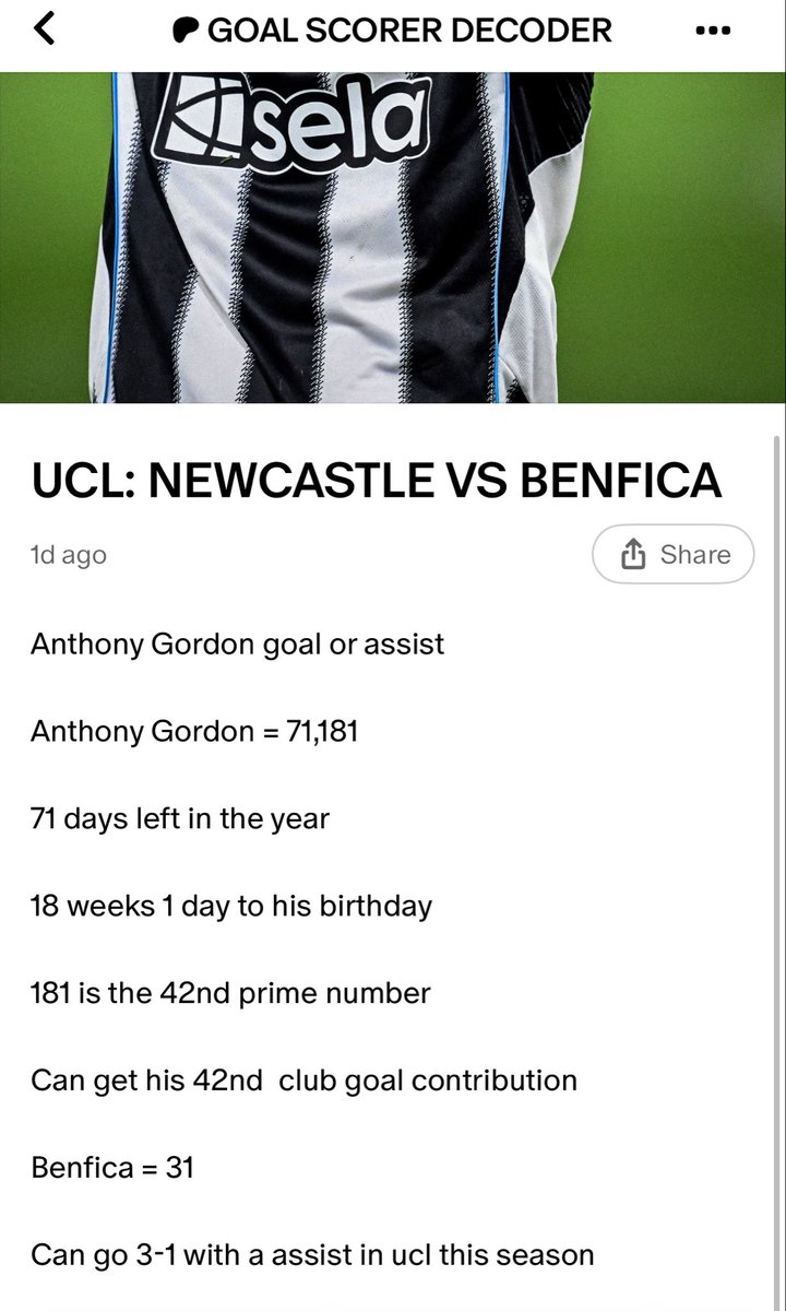 JamaicanDecoder's tweet image. Anthony Gordon goal or assist
Anthony Gordon = 71,181
71 days left in the year
18 weeks 1 day to his birthday
181 is the 42nd prime number
Can get his 42nd club goal contribution
Benfica = 31
Can go 3-1 with a assist in ucl this season