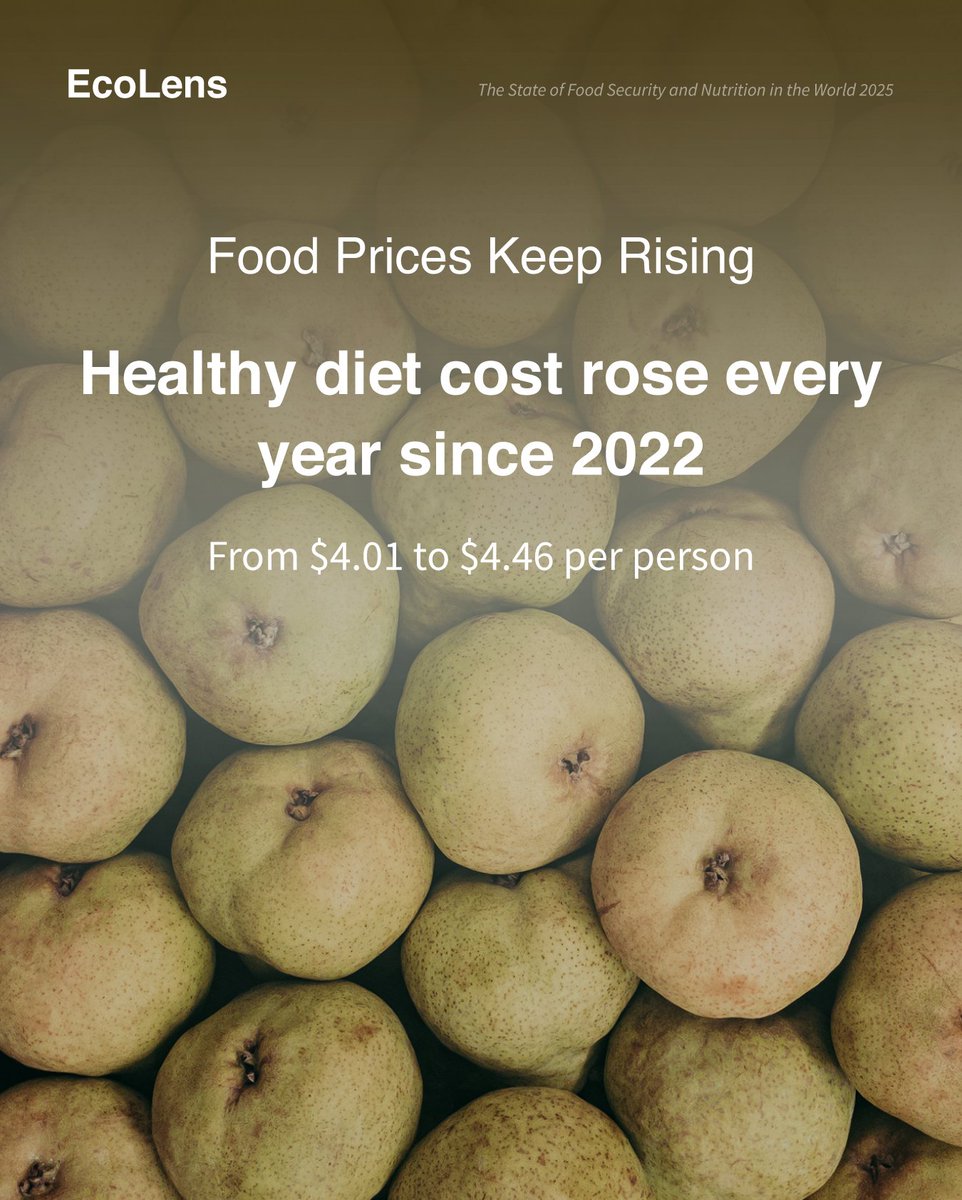 Healthy eating is getting harder to afford. 🍽️💰
in 2024, a healthy diet cost $4.46 per person per day; up from $4.01 in 2022.
Food prices keep rising worldwide.

#FoodEconomy
#Nutrition