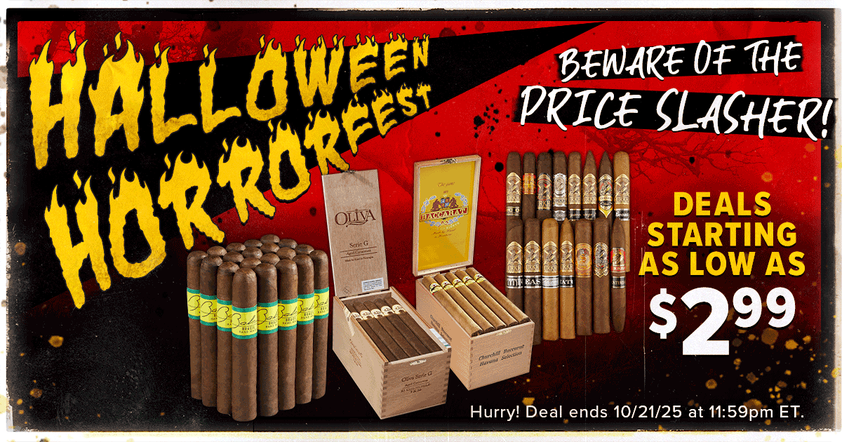Last call for Thompson’s Halloween Horrorfest! 💀 The Price Slasher is cutting deep—up to 81% off 45+ premium cigars from Oliva, Perdomo, Romeo y Julieta &amp; more. Deals start at $2.99 but vanish TONIGHT at 11:59pm ET. Don’t miss your final chance!
bit.ly/433wSyc