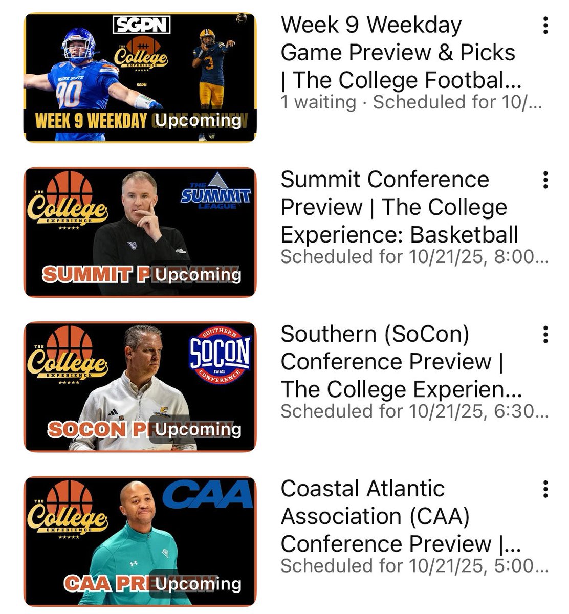 Another loaded TCE lineup tonight. 

Triple Header of 🏀 Previews starting at 5:00om ET. 

Night Cap of Week 9 🏈 Weekday Preview &amp; Picks. 

youtube.com/@thecollegeexp…