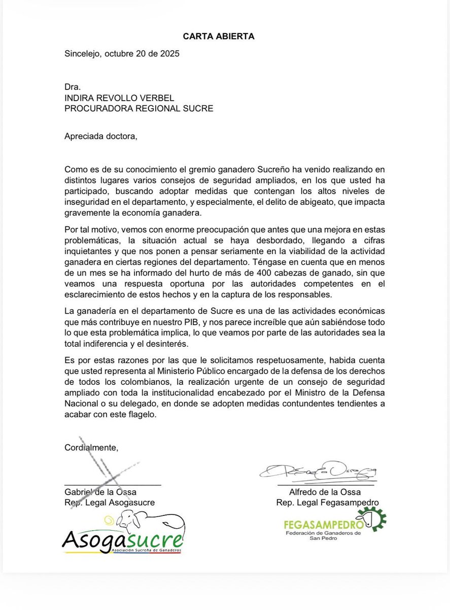 José Félix Lafaurie (@jflafaurie) on Twitter photo Angustioso llamado hacen las asociaciones ganaderas de Sucre ante el incremento del abigeato. Desde <a href="/Fedegan/">FEDEGAN</a> hacemos un llamado a <a href="/PoliciaColombia/">Policía de Colombia</a> <a href="/PGN_COL/">Procuraduría General de la Nación</a> <a href="/ICACOLOMBIA/">ICA Colombia</a> para adoptar medidas urgentes que pongan a salvo el patrimonio ganadero. Angustioso llamado hacen las asociaciones ganaderas de Sucre ante el incremento del abigeato. Desde <a href="/Fedegan/">FEDEGAN</a> hacemos un llamado a <a href="/PoliciaColombia/">Policía de Colombia</a> <a href="/PGN_COL/">Procuraduría General de la Nación</a> <a href="/ICACOLOMBIA/">ICA Colombia</a> para adoptar medidas urgentes que pongan a salvo el patrimonio ganadero.