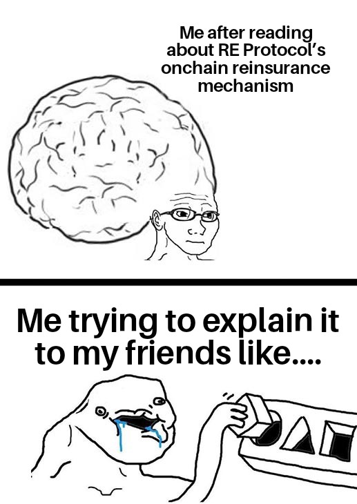 Day 8 of posting re memes 

Every time I read about <a href="/re/">Re</a> Protocol, I’m like “yooo this is really genius onchain (re)insurance makes so much sense.”
Then someone asks me to explain it and my brain just goes:
“uhhh… smart contracts… risk pools… but onchain 😭😂”

DeFi