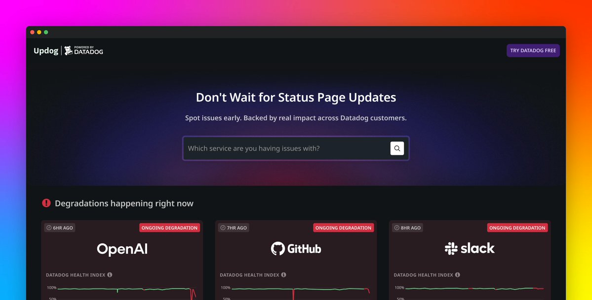 datadoghq's tweet image. What's Updog.ai?
No punchline—just Datadog's free, public site that tracks real-time health across 30+ SaaS providers and 13 AWS services, powered by anonymized telemetry and AI.
See what’s down before your provider says so: datadoghq.com/blog/updog-ai/
