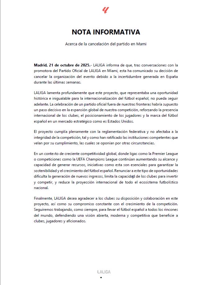 🚨La Liga confirma la cancelación del Villarreal-Barça en Miami 🚨