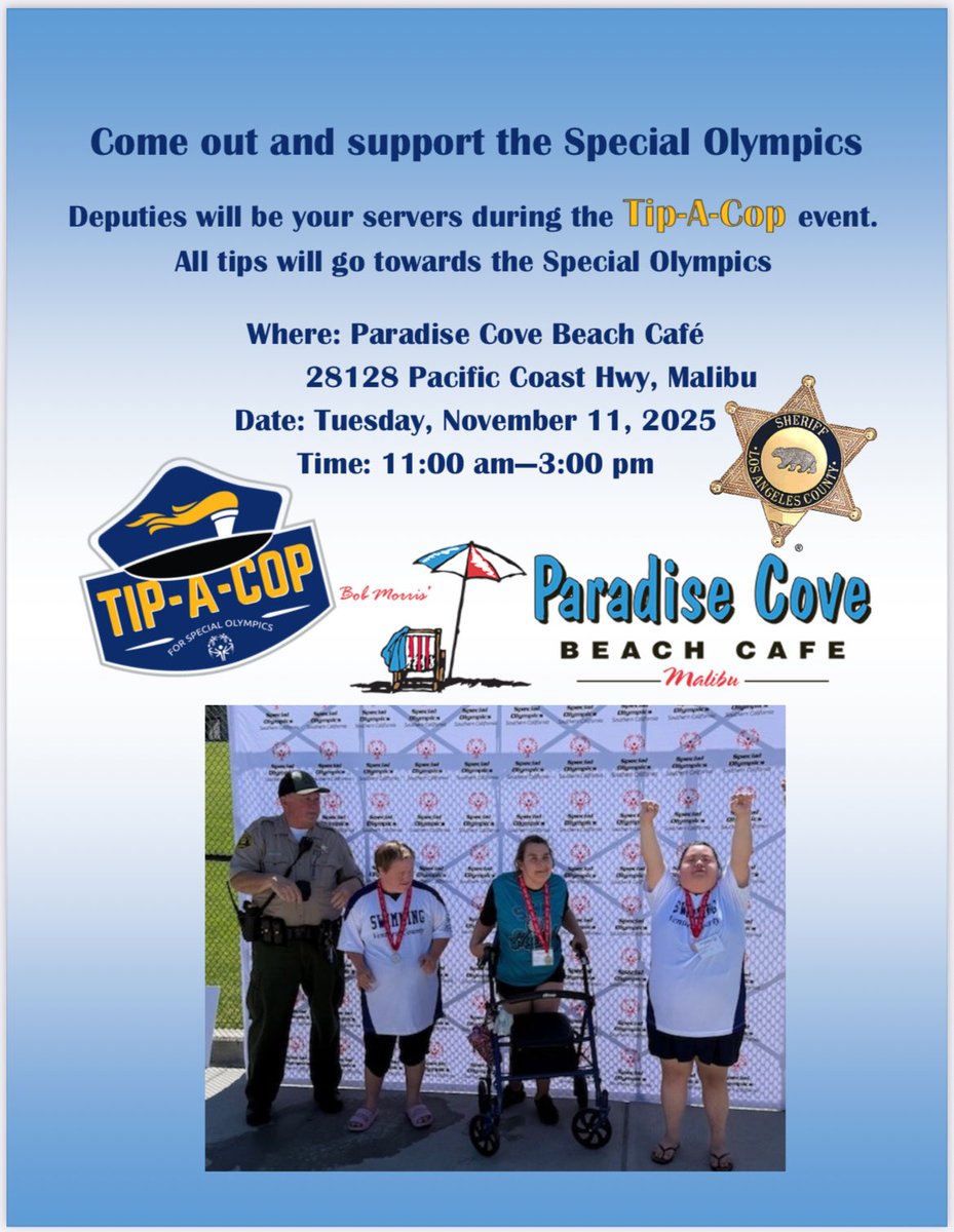 LHSLASD's tweet photo. Mark your calendars ๐๏ธ to join us Tuesday, November 11th for our #TipACop event at Paradise Cove Beach Cafe in Malibu. All tips will go to #SpecialOlympics. https://t.co/fssyaIrRde