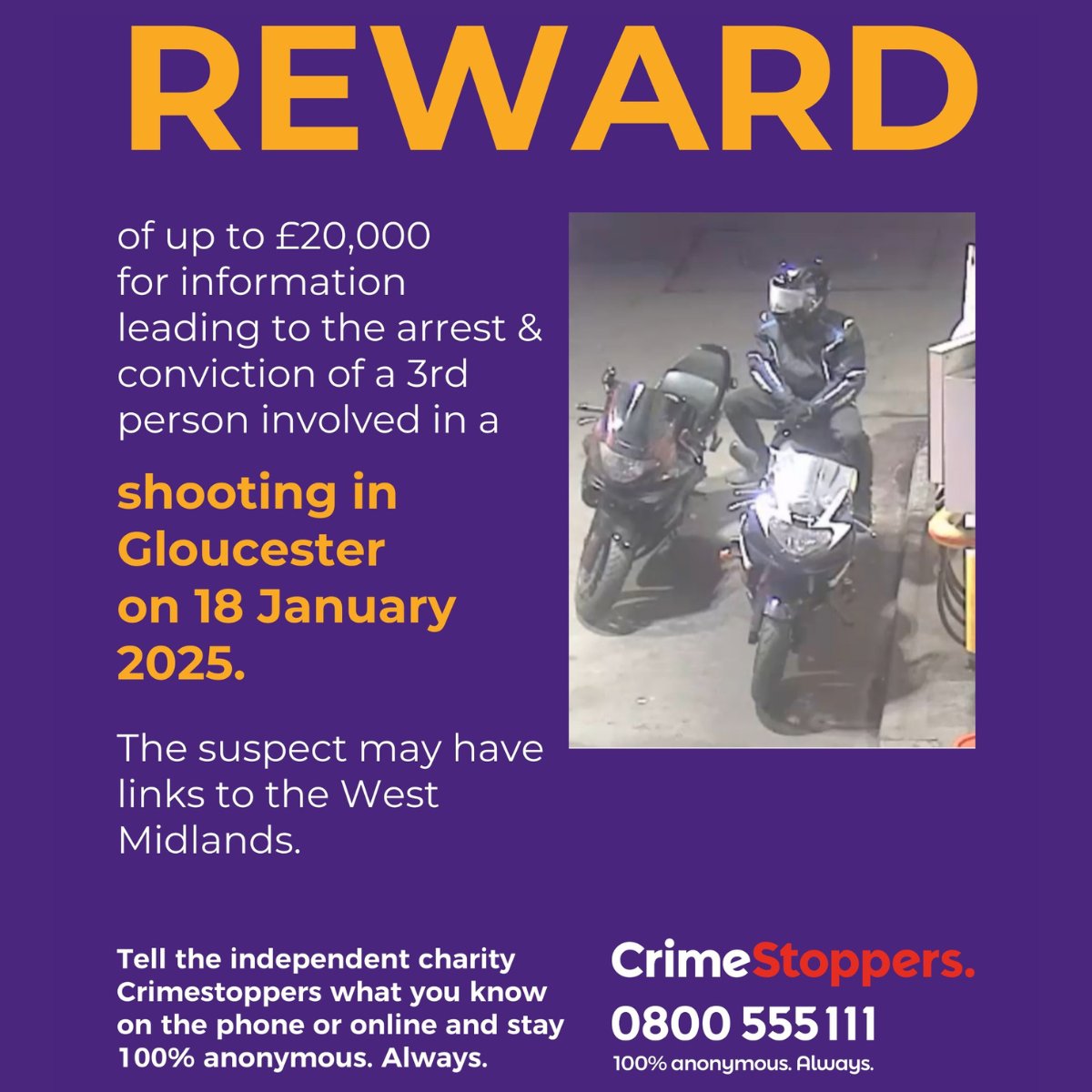 CS_Glos's tweet image. Our charity is offering a reward of up to £20,000 for information about a third person involved in the shooting of a man in Stanway Road, #Gloucester on 18 January 2025. Did you see something? 

Contact Crimestoppers. 100% anonymous. Always.

bit.ly/3L1eWOH