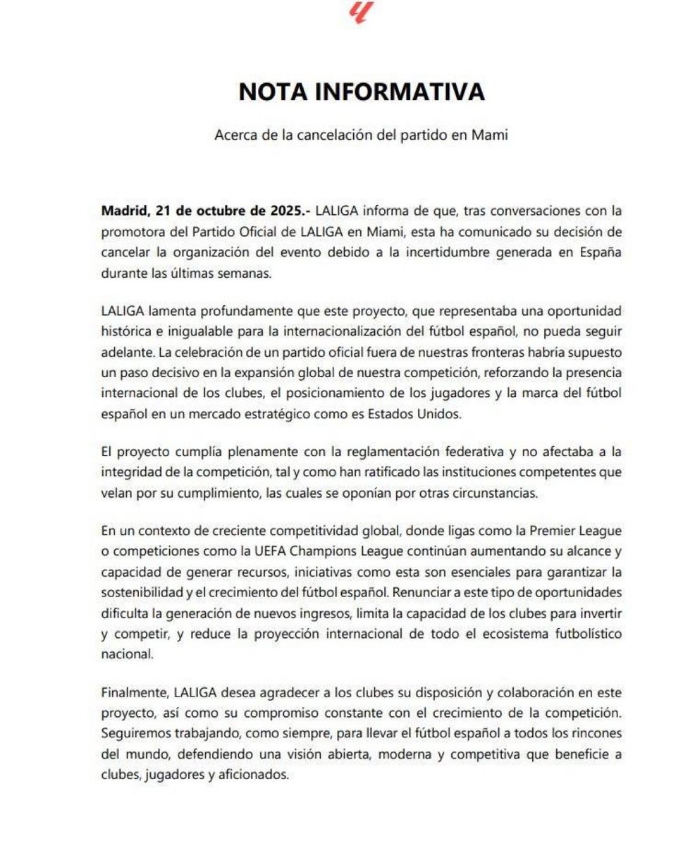 El comunicado de La Liga sobre la cancelación del partido en Miami.