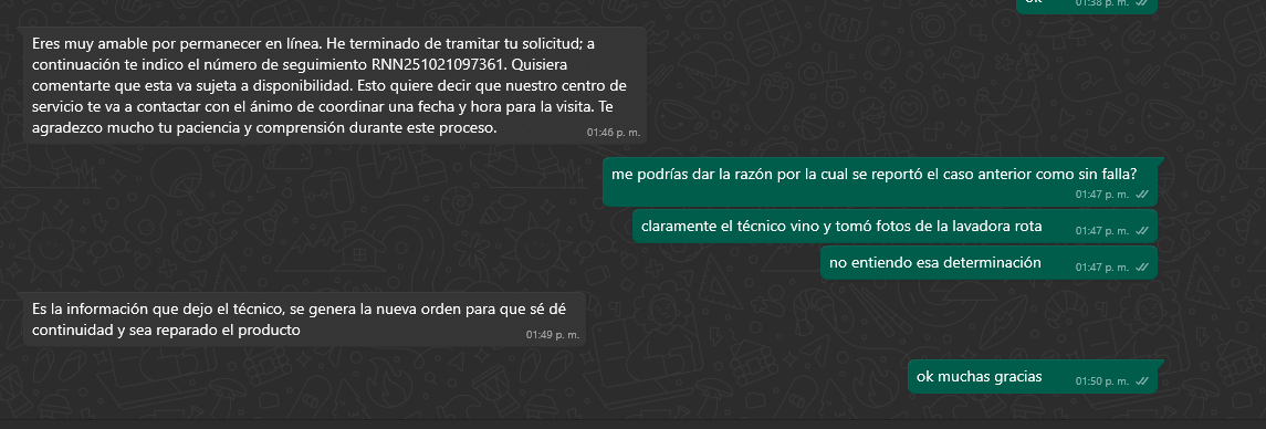 ALBAMEN12's tweet photo. Ahora tengo que esperar a que @LGMexico mande otro tecnico a que vea de nuevo la lavadora @Profeco pido por favor apoyo dando visibilidad a esto, mientras pasa todo este desorden burocratico estoy pagando lavanderia y perdiendo dinero y tiempo por una mala gestión de mi solicitud https://t.co/efaOevRzrq