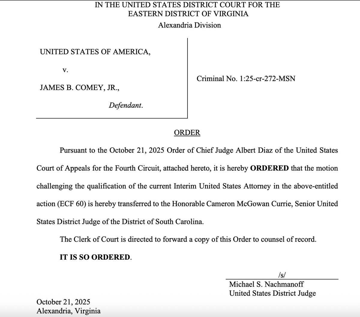 kyledcheney's tweet photo. JUST IN: Judge Cameron Currie, a Clinton appointee, will decide whether Lindsey Halligan is disqualified as interim U.S. attorney, following a motion brought by James Comey. https://t.co/V5G24T0BcM https://t.co/yFLCSlgyaP