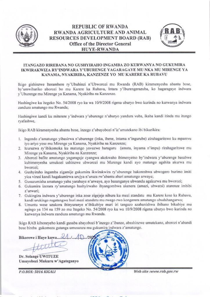 ITANGAZO RIREBANA NO GUSHYIRAHO INGAMBA ZO KURWANYA NO GUKUMIRA IKWIRAKWIZA RY'INDWARA Y'UBURENGE YAGARAGAYE MU MIRENGE YA KANAMA, NYAKIRIBA NA KANZENZE.