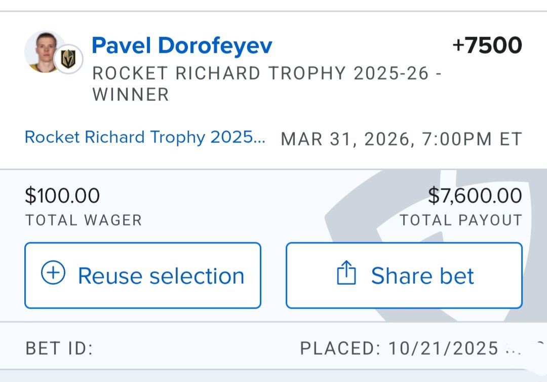 Uncut Gambit Gems (@uncutgambitgems) on Twitter photo For the NHL Rocket Richard Trophy, Pavel Dorofeyev (+7500) replaces the injured Brady Tkachuk to join Cole Caufield (+7500) and Alexander Ovechkin as active long shot plays this season.
After depositing 35 G (13.8% SPCT) in 82 GP over the course of 16:31 TOI in '24, Dorofeyev is For the NHL Rocket Richard Trophy, Pavel Dorofeyev (+7500) replaces the injured Brady Tkachuk to join Cole Caufield (+7500) and Alexander Ovechkin as active long shot plays this season.
After depositing 35 G (13.8% SPCT) in 82 GP over the course of 16:31 TOI in '24, Dorofeyev is