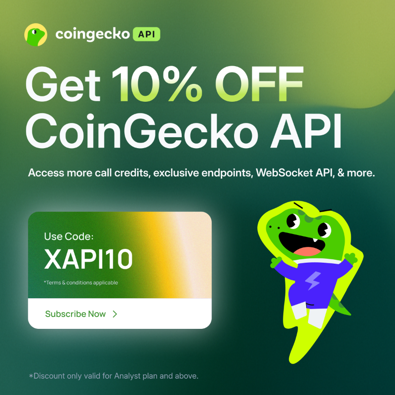 coingecko's tweet photo. Build with the industry's most trusted and reliable crypto data API. For a limited time, get 10% off CoinGecko API paid plans with code: XAPI10