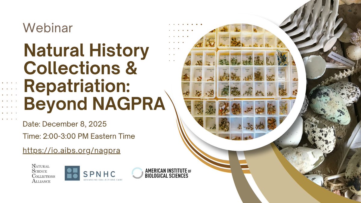 Join NSC Alliance, <a href="/AIBSbiology/">American Institute of Biological Sciences</a>, <a href="/SPNHC/">SPNHC</a> for a webinar about repatriation &amp; how it relates to natural history collections held at museums, herbaria &amp; other institutions. The program will delve into a zoological &amp; a botanical case study of ethical return. io.aibs.org/nagpra