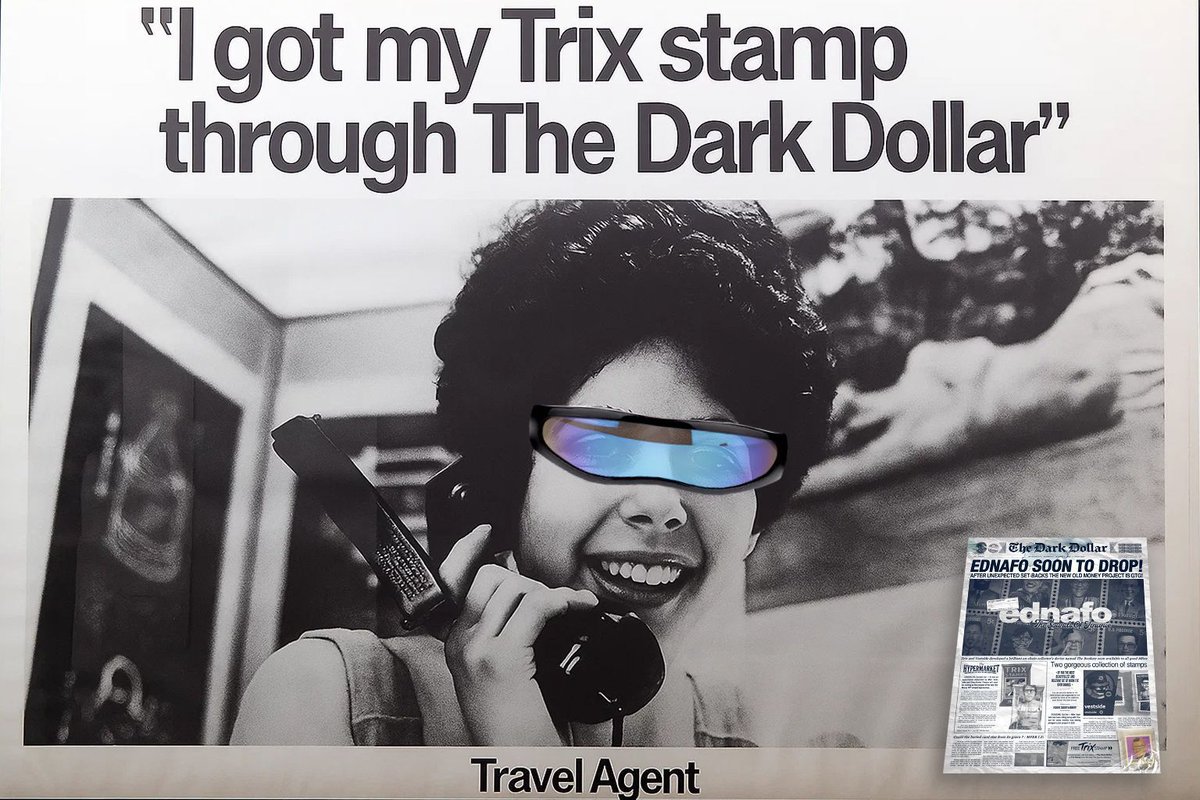 RTrixson's tweet image. This mfer coped the last issue of The Dark Dollar. This is her giving us a call to tell us how happy she is since rocking those 2056 Ednafo sunglasses 👁️ 
🫸 oldmoney.io/ddcxxxii 🫷
#thedarkdollar #trix #trixstamp #ednafostamp #ednafo #oldmoney #nft #nftart #cardano