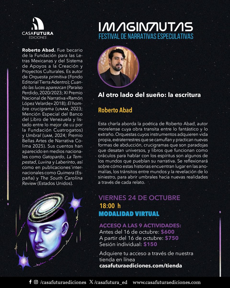 Lxs amigxs de <a href="/casafutura_ed/">Casa Futura Ediciones</a> se armaron el festival Imaginautas que acercará al público lector a las  diversas poéticas fantásticas de creadores mexicanos; lxs invito a que conozcan las formas de acceso y que apoyen este gran proyecto. Mi turno es el viernes.