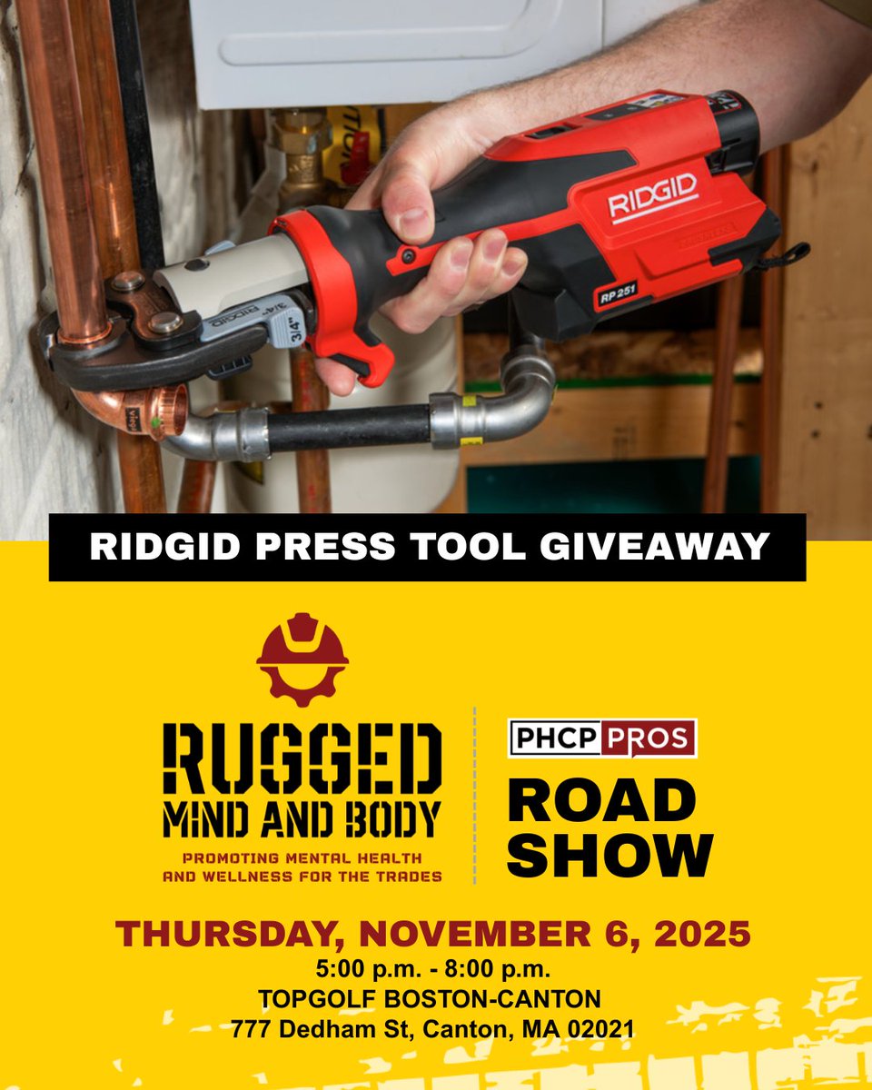 phcppros's tweet image. We're giving away another @RIDGIDtoday RP 251 Press Tool at our upcoming #RUGGEDMindandBody Road Show this November at Topgolf Boston - Canton! Learn more and RSVP for this FREE event for tradespeople here: ow.ly/Ns1x50XaEzX