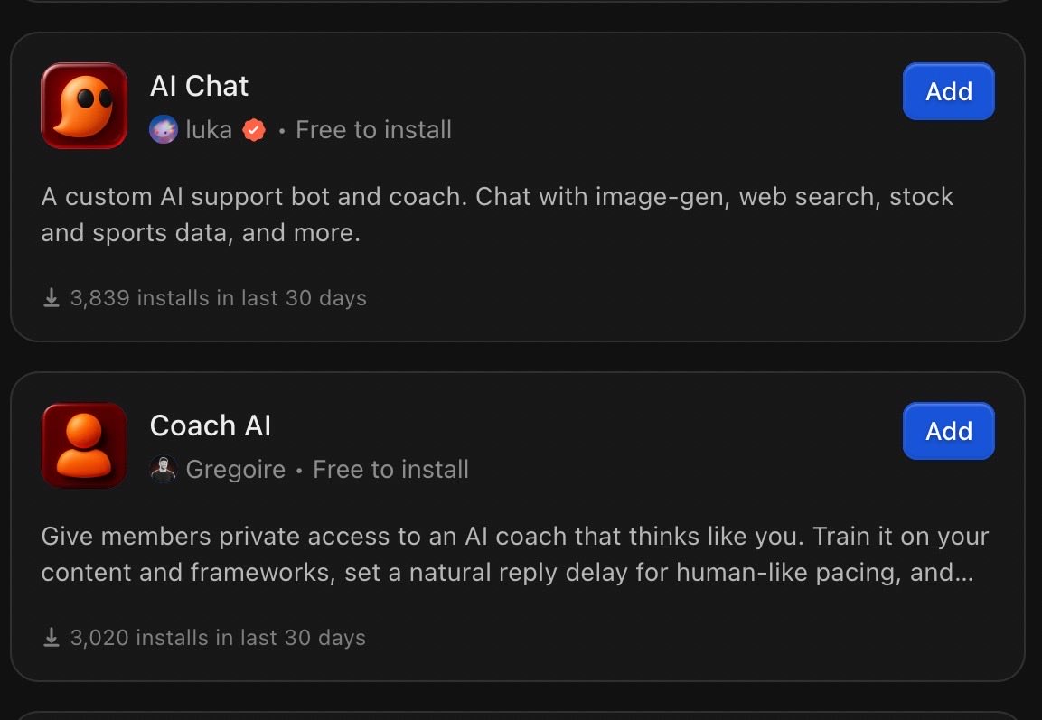 Creator are literally sleeping on 
Whop apps..

These 2 apps alone can take your offer from $27 to $277.99.

literally 10X the value
with just 1 click on whop 

instead of selling a $27 pdf with your knowledge

Sell an AI coach, a community, course content and resources all