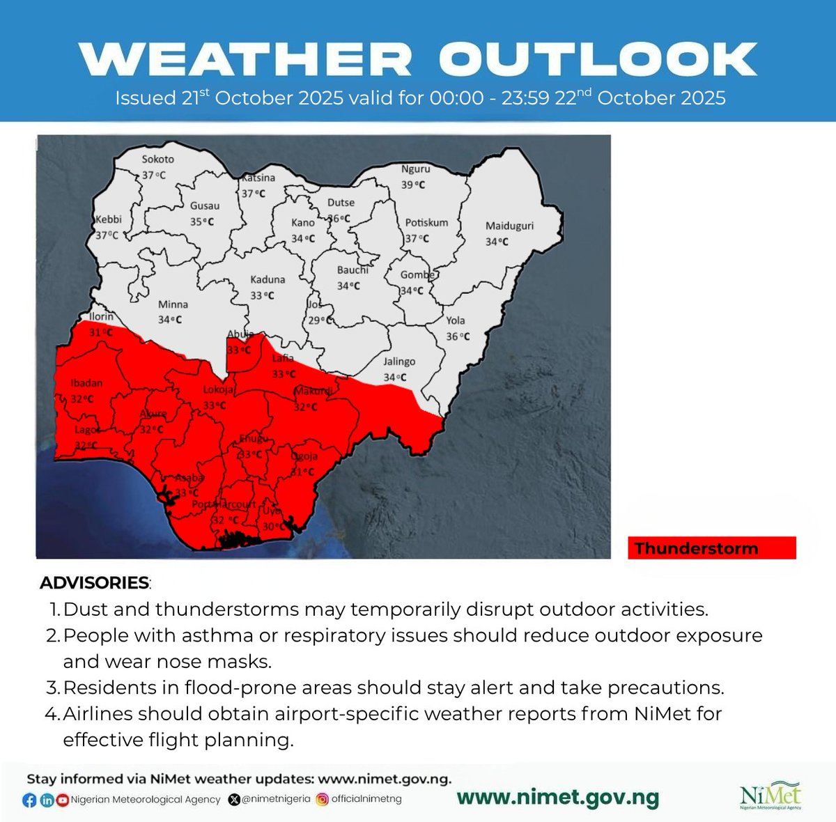 nimetnigeria's tweet image. 🌦️ DAILY WEATHER OUTLOOK
Valid for: Wednesday, 22nd October 2025 (00:00 – 23:59)
📍 Issued on: Tuesday, 21st October 2025 by the Nigerian Meteorological Agency (NiMet)
🌍 Northern States
⛅ Morning:
Sunny skies are expected over most parts of the northern region during the…