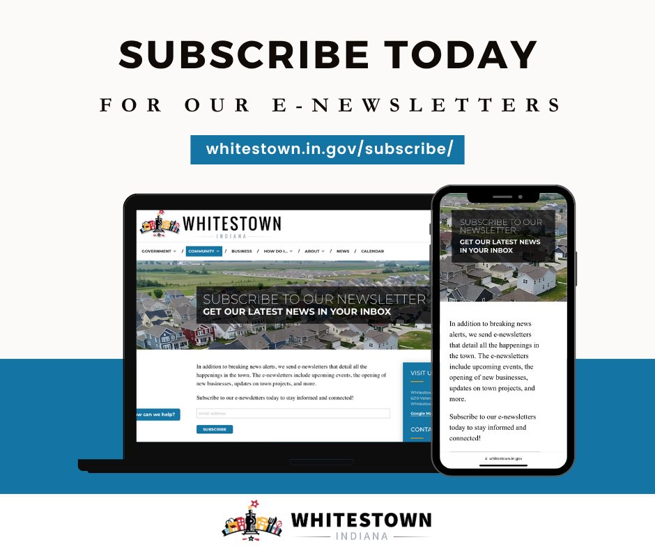 Do you want to stay connected to everything happening in Whitestown? Our e-newsletter is the easiest way to stay informed on:

🔔 Breaking news alerts
🎃 Events
🎉 New business openings
🚧 Town project updates
📣 Important announcements

Subscribe today ➡️ whitestown.in.gov/subscribe/
