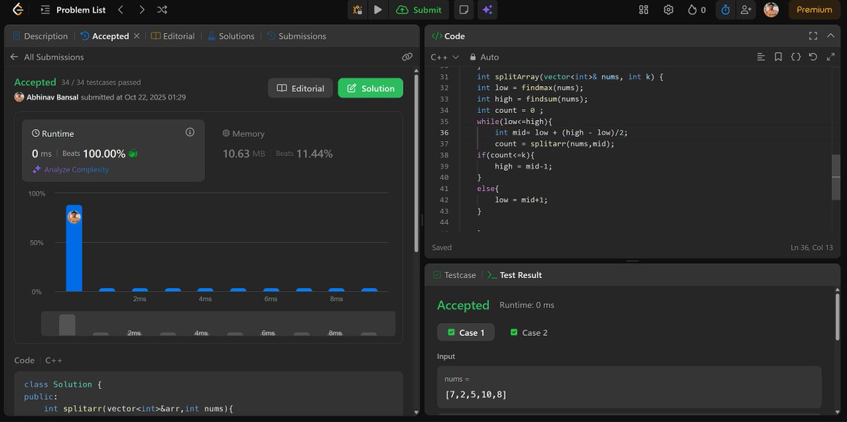 Abhinav_Bansal_'s tweet image. Day 21 ✅:
Focused on Binary Search on Answers today 🧩
Solved:
• Aggressive Cows
• Book Allocation Problem
• Split Array – Largest Sum
• Painter’s Partition Problem
#TUFWinterArc by @takeUforward_ 🚀
@striver_79
