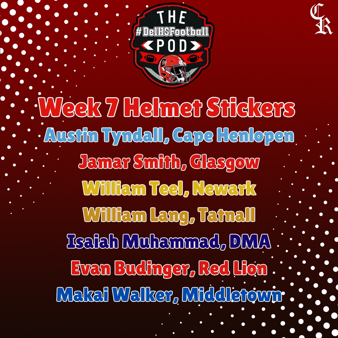 DelHSFootball's tweet image. Congratulations to our Week 7 Helmet Sticker honorees #delhs Graphic by @CR_graphics83