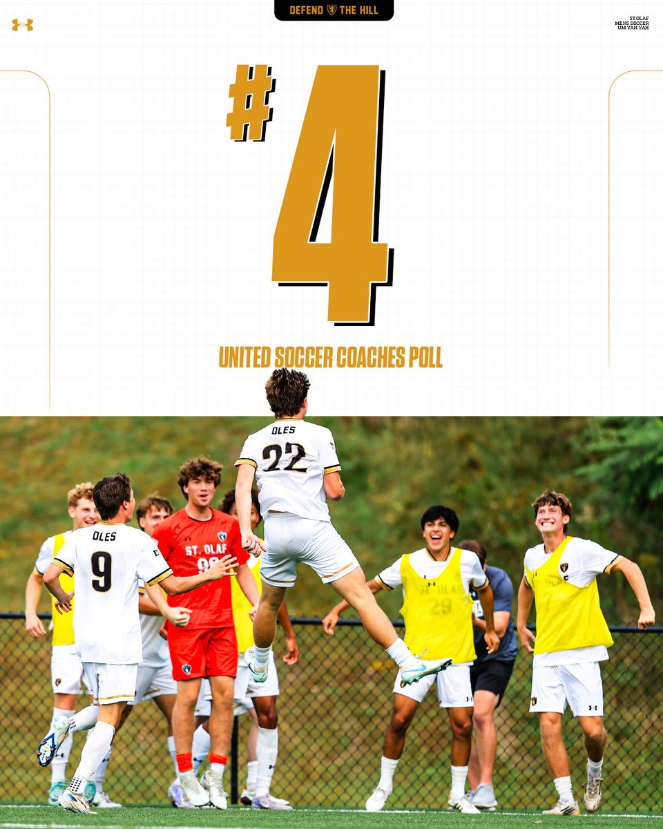 ⬆️ 1️⃣

<a href="/StOlafMSOC/">St. Olaf Men’s Soccer</a> moved up one spot to a season-high No. 4 in today’s <a href="/UnitedCoaches/">United Soccer Coaches</a> Top 25!

RELEASE: athletics.stolaf.edu/news/2025/10/2…

#UmYahYah | #OlePride | #d3soc