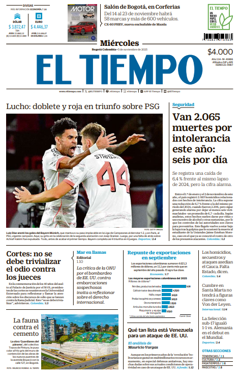 🌞☕️ ¡Muy buenos días para todos! Esta es nuestra portada para hoy miércoles 5 de noviembre. #FelizDía

📰 Inicie la semana bien informado con las principales noticias de Colombia y el mundo aquí 🧵 y en eltiempo.com