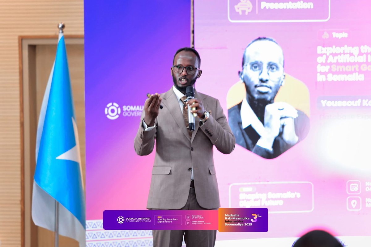 GreenlightAsso2's tweet photo. Greenlight Advisor Youssouf Kamil has presented a research Paper At SIG Forum! 

Emphasizing local innovation:
“Somalia must build AI that reflects our realities, culture &amp; data.” — Youssouf Kamil at #SIGF2025 discussing #AI for smart governance &amp; digital independence. https://t.co/RqAUdfKhTR