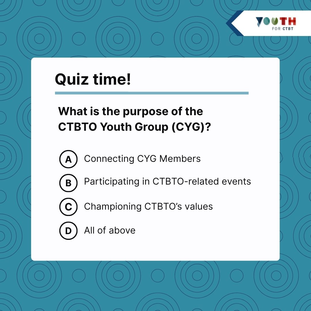 Youth4CTBT's tweet photo. 🌍 Wondering what the purpose of the #CYG is? It unites young people (<35) dedicated to global peace, security, and promoting the CTBT.
Through the CYG you can:
🔹 Contribute ideas for a world free of nuclear tests
🔹Connect globally
🔹 Participate in CTBTO-related events https://t.co/wMHxxGqW5Q