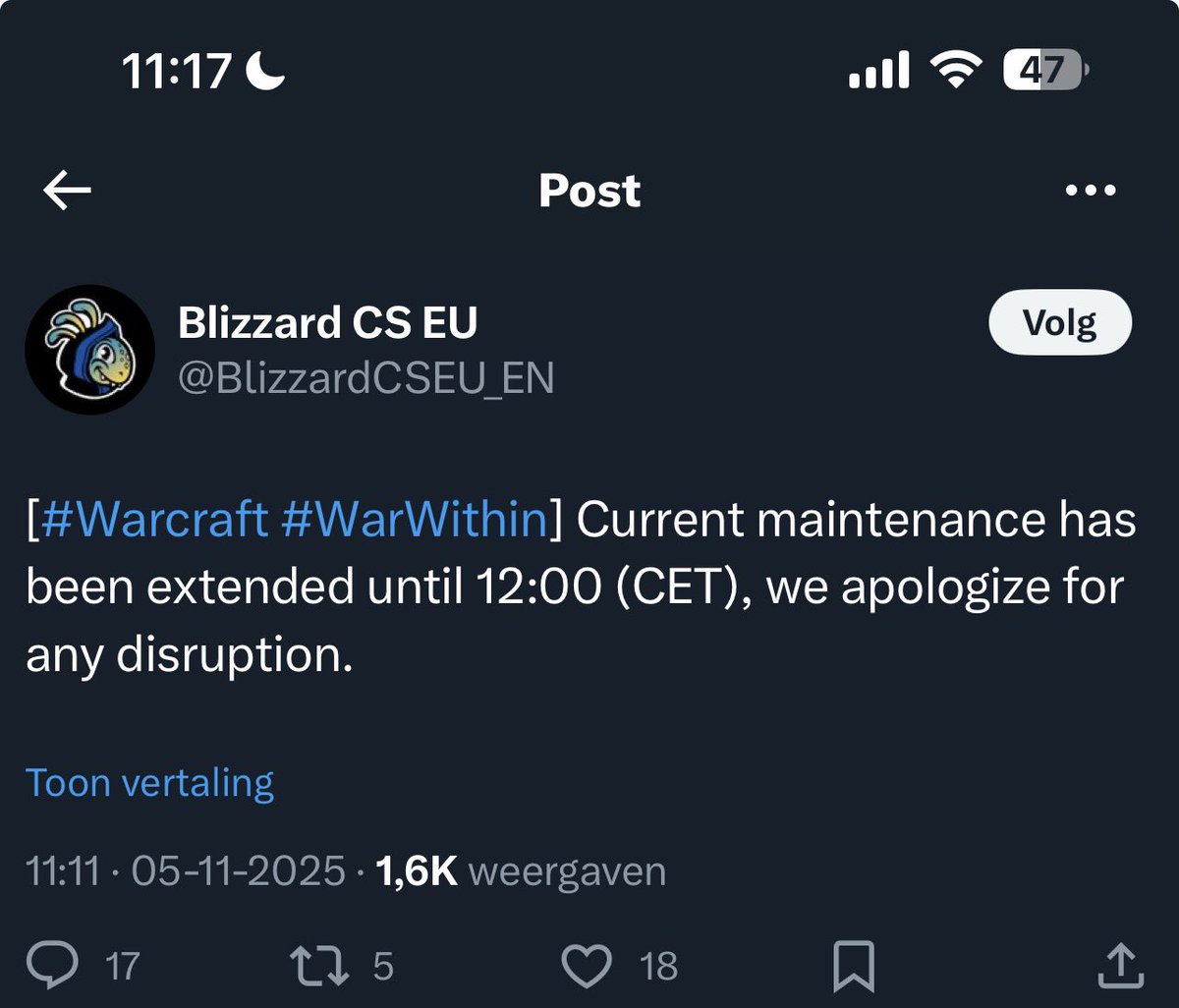 kimdah_'s tweet photo. @realBambucea @BlizzardCS Nope, maintenance was supposed to be 3am-11am CET, but has just been extended.. https://t.co/LM2ZsMoMRi