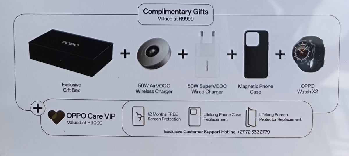 TechSmartZA's tweet image. When you purchase the @OPPOSouthAfrica Find X9 Pro flagship, you are also receiving about R10k worth of free stuff including the OPPO Watch X2 and a wireless charger