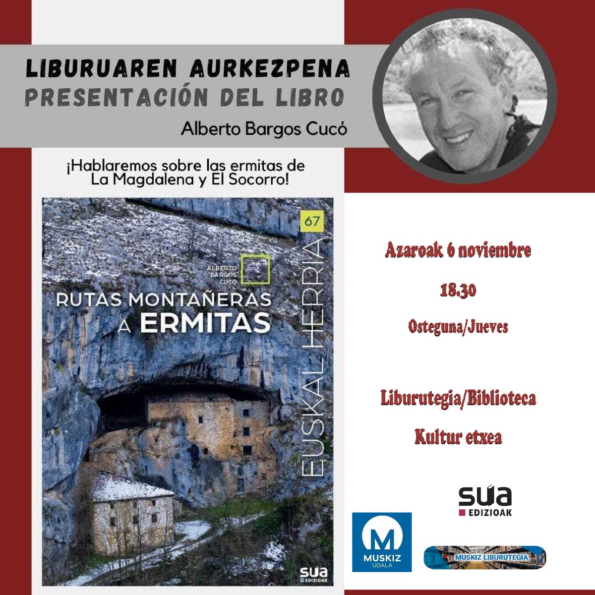 EHliburuak's tweet photo. RUTAS MONTAÑERAS A ERMITAS
Alberto Bargos Cucó presentará mañana, jueves, a las 18:30 en la biblioteca de Muskiz, el libro "Rutas montañeras a ermitas". El libro incluye 26 templos, entre los que se encuentran dos de la comarca: las ermitas de Pobeña y Urallaga. 👇👇👇 https://t.co/jH6zUNIeQN