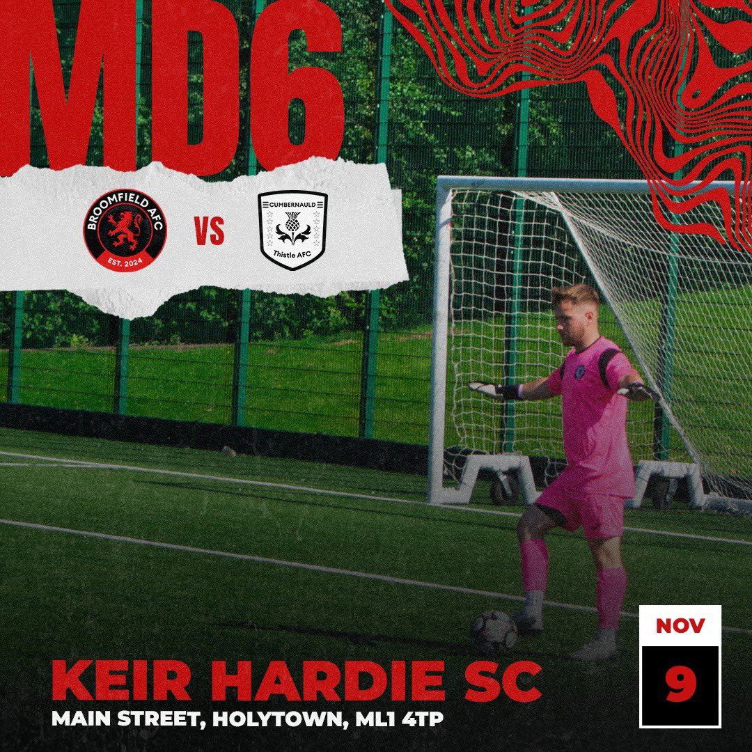 A&amp;C Premiership
Matchday 6

We are back to it. 

Broomfield AFC vs Cumbernauld Thistle

Sunday 9th November, 3pm ko, Keir Hardie SC

Pop along &amp; support the lads back on home turf👍🏼. 
MonTheBroomy⚫️🔴

<a href="/scottish_aff/">AmateurFixturesResultsSCO</a>