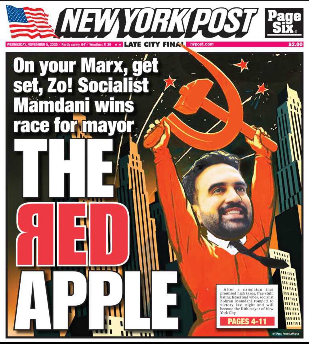 SDJAG60's tweet image. On your Marx, get set, Zo! 🪓🍎
The Big Apple goes red — and the memes practically write themselves.

#TheRedApple #NYCPolitics #SocialismInTheCity #OnlyInNewYork #BigAppleGoesRed