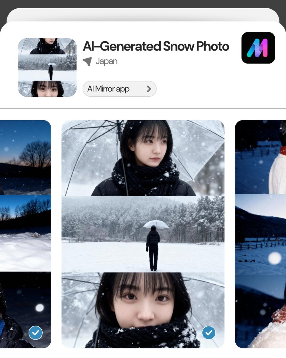 AIMirror_app's tweet photo. What’s your favorite movie? 
Maybe you also love films with that cozy Japanese drama vibe? 
Try the latest snow scene effect!
#aimirror #雪加工 #ai雪 https://t.co/3KzGt8crZr