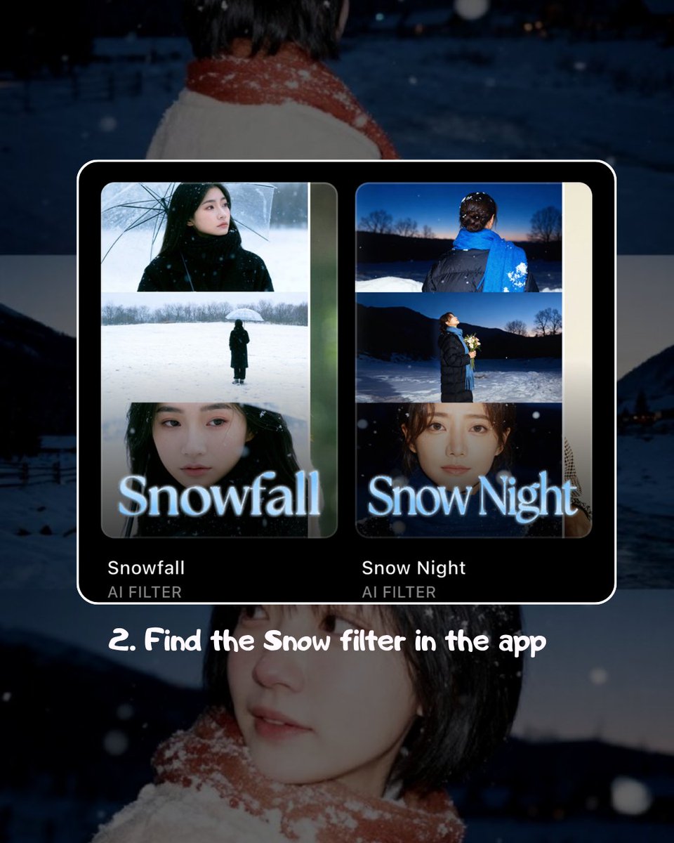 AIMirror_app's tweet photo. What’s your favorite movie? 
Maybe you also love films with that cozy Japanese drama vibe? 
Try the latest snow scene effect!
#aimirror #雪加工 #ai雪 https://t.co/3KzGt8crZr