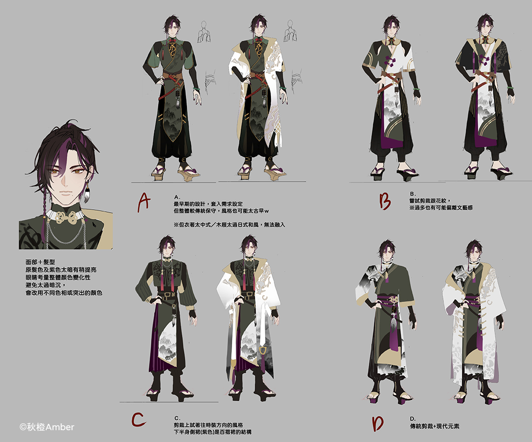 orangeamber12's tweet image. work/ #Vtuber
負責塩月墨瀧@SutakiStanza V皮設計+繪製💚
當初收到中式+日式服飾結合的需求
想不到設計起來也是挑戰www
/
因為是墨水形象的角色，
所以剪裁上很多圓弧的造型
希望比較有行雲流水運筆的感覺
(結果最後被兒子說成到處挖洞😂

圖二是照原需求的設計方向嘗試~

#台灣Vtuber #仕事絵