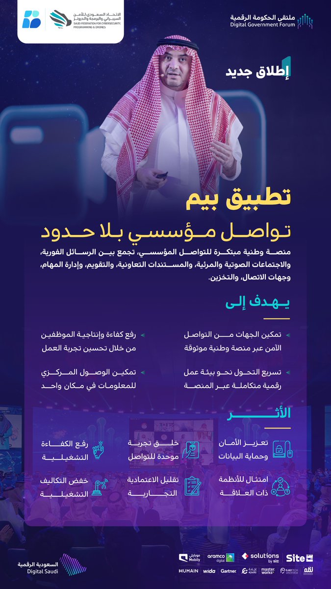 رئيس مجلس إدارة الاتحاد السعودي للأمن السيبراني والبرمجة والدرونز أ. فيصل الخميسي, يطلق تطبيق "بيم" لتواصل مؤسسي بلا حدود، وذلك خلال مشاركته  بـ #ملتقى_الحكومة_الرقمية 2025.