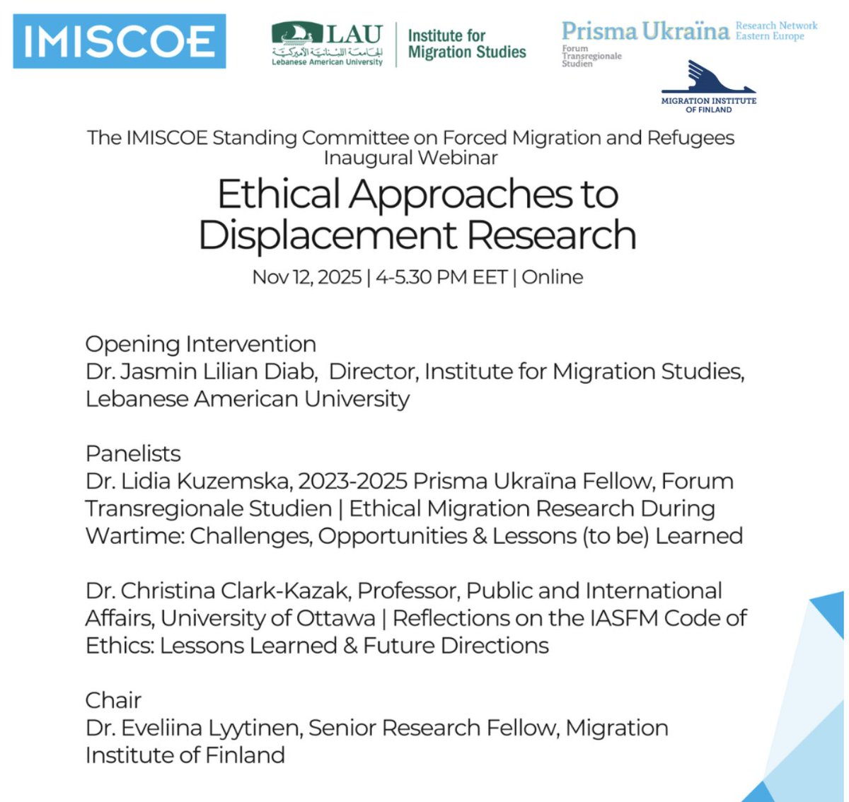 ✨Join the Inaugural Webinar of the #IMISCOE Standing Committee on #ForcedMigration and #Refugees 

➡️Ethical Approaches to Displacement Research

🗓️12 November, 4-5.30 pm 

👀More info here: siirtolaisuusinstituutti.fi/en/events/the-…