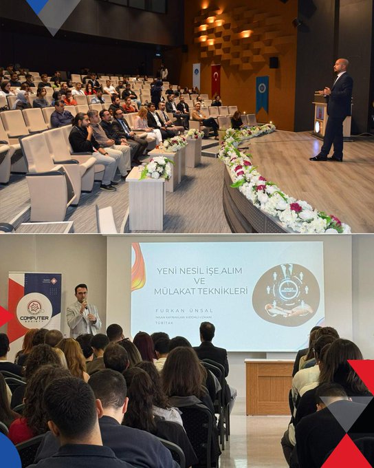 First image displays a promotional graphic for TÜBİTAK career events in October, listing various university and organization programs like SAVTECH 2025, Gİz Kariyer Günleri, ODTÜ Yerel, TÜBİTAK Kampüs, Hacettepe Üniversitesi, Başkent Üniversitesi, Ankara Kariyer Zirvesi, and NEÜ Kariyer Etkinlikleri with dates in 2025. Second image shows a man in a suit speaking at a podium during a TÜBİTAK career event titled Gelecek Seninle Şekillenir, with a Turkish flag and audience seating. Below it, a group of young people including women and men in casual attire interact at a booth with TÜBİTAK signage and a QR code. Third image depicts individuals including a woman in black top and man in gray shirt conversing near red banners at an event booth, and below a group of diverse young adults standing on a stage with wooden floor and curtains. Fourth image features an audience seated in a large hall with flowers and Turkish flag during a presentation by a man in suit at podium, and below a speaker in white shirt presenting on Yeni Nesil Alım with screen showing urban skyline and audience seated.