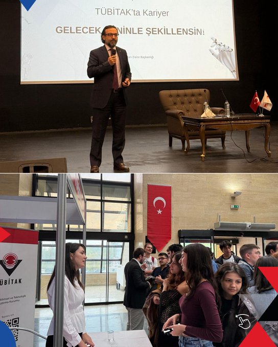 First image displays a promotional graphic for TÜBİTAK career events in October, listing various university and organization programs like SAVTECH 2025, Gİz Kariyer Günleri, ODTÜ Yerel, TÜBİTAK Kampüs, Hacettepe Üniversitesi, Başkent Üniversitesi, Ankara Kariyer Zirvesi, and NEÜ Kariyer Etkinlikleri with dates in 2025. Second image shows a man in a suit speaking at a podium during a TÜBİTAK career event titled Gelecek Seninle Şekillenir, with a Turkish flag and audience seating. Below it, a group of young people including women and men in casual attire interact at a booth with TÜBİTAK signage and a QR code. Third image depicts individuals including a woman in black top and man in gray shirt conversing near red banners at an event booth, and below a group of diverse young adults standing on a stage with wooden floor and curtains. Fourth image features an audience seated in a large hall with flowers and Turkish flag during a presentation by a man in suit at podium, and below a speaker in white shirt presenting on Yeni Nesil Alım with screen showing urban skyline and audience seated.