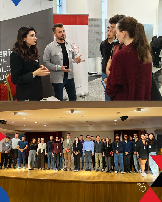 First image displays a promotional graphic for TÜBİTAK career events in October, listing various university and organization programs like SAVTECH 2025, Gİz Kariyer Günleri, ODTÜ Yerel, TÜBİTAK Kampüs, Hacettepe Üniversitesi, Başkent Üniversitesi, Ankara Kariyer Zirvesi, and NEÜ Kariyer Etkinlikleri with dates in 2025. Second image shows a man in a suit speaking at a podium during a TÜBİTAK career event titled Gelecek Seninle Şekillenir, with a Turkish flag and audience seating. Below it, a group of young people including women and men in casual attire interact at a booth with TÜBİTAK signage and a QR code. Third image depicts individuals including a woman in black top and man in gray shirt conversing near red banners at an event booth, and below a group of diverse young adults standing on a stage with wooden floor and curtains. Fourth image features an audience seated in a large hall with flowers and Turkish flag during a presentation by a man in suit at podium, and below a speaker in white shirt presenting on Yeni Nesil Alım with screen showing urban skyline and audience seated.