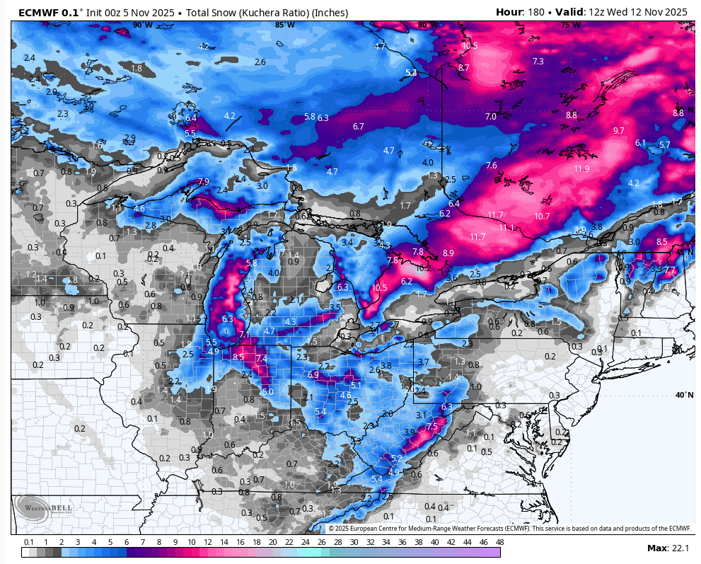 JimCantore's tweet photo. Well advertised ARCTIC plunge coming in for Sunday through Wednesday.  The pattern as you can see below becomes a lot more amplified with a significant trough in the east swinging through.  The southeastern quarter of the USA will feel the deep freeze the worst compared to normal.   

There will be accumulating SNOW Sunday and Monday with some lake effect to boot.  More details on the snow and the timing and fair likelihood this map changes a bit over time, but this will be an abrupt change.  Enjoy.
@weathermodels_