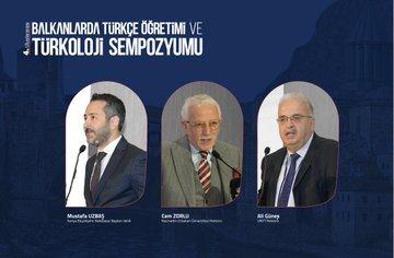 First image shows a conference room with a large screen displaying Turkish landmarks like a mosque and bridge, a speaker in a suit at a podium addressing the audience, wooden paneling, chairs, and attendees in formal attire seated and standing. Second image features a poster for Turkoloji Sempozyumu on Turkish teaching in Balkans with photos of three male speakers in suits at podiums, named Mustafa Uzbas, Cem Zorlu, Ali Gunes. Third image depicts a diverse audience at the event including men and women in traditional and modern clothing, one elderly man in a black cap taking a selfie with a phone. Fourth image shows a panel of seated men and women in business attire and headscarves around a table with water bottles, in a modern conference setting with cameras.