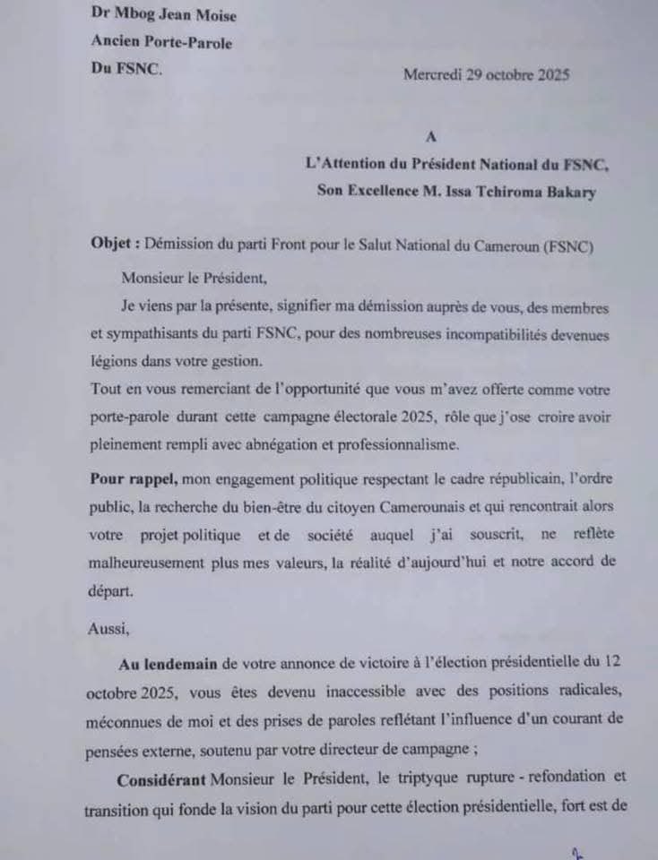 vision4_tv's tweet photo. 🚨 Cameroun | Le Dr Jean Moïse MBOG, ex-porte-parole du candidat Issa Tchiroma Bakary, démissionne du FSNC. Il évoque des « incompatibilités profondes �� et se désolidarise des « dérives post-électorales ». #FSNC #Cameroun #Politique237 🇨🇲 https://t.co/IOhGtfI8Ug