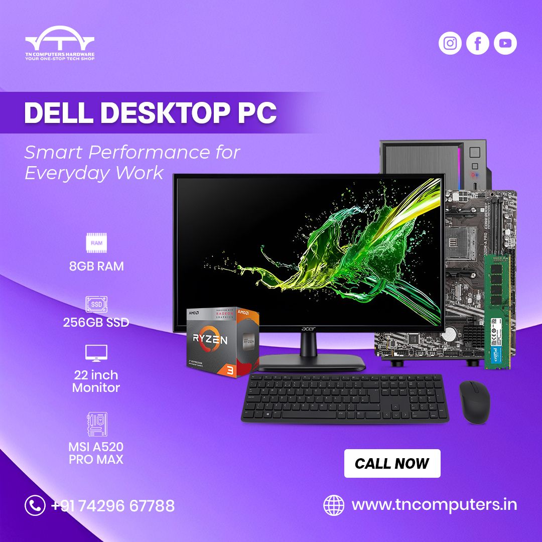 Tncomputerstech's tweet image. 💻 Smart Performance. Sleek Design. Affordable Price.
Meet the Dell Desktop PC from TN Computers – Powered by Ryzen 3 🔥
✅ 8GB RAM | 256GB SSD | 22” FHD Monitor
Perfect for Office, Study, &amp;amp; Everyday Work 💼
🌐 tncomputers.in
 | ☎️ +91 74296 67788
#TNComputers #Dell