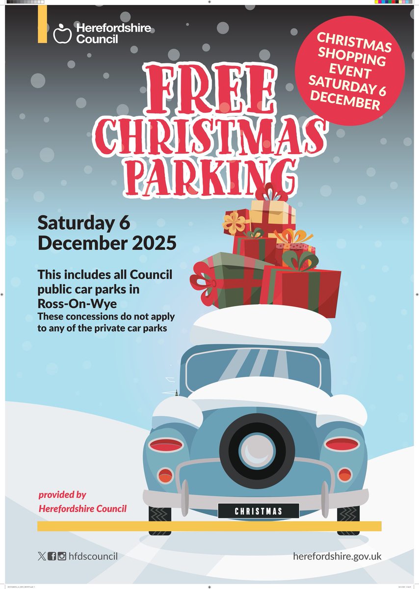 RossonWyeTC's tweet image. Free Christmas Parking in Ross! 🎄✨

Get into the festive spirit and enjoy free parking on Saturday 6th December in all Herefordshire Council car parks in Ross-on-Wye! 🎁

#visitdeanwye #visitrossonwye #rossmarkets #visitherefordshire
