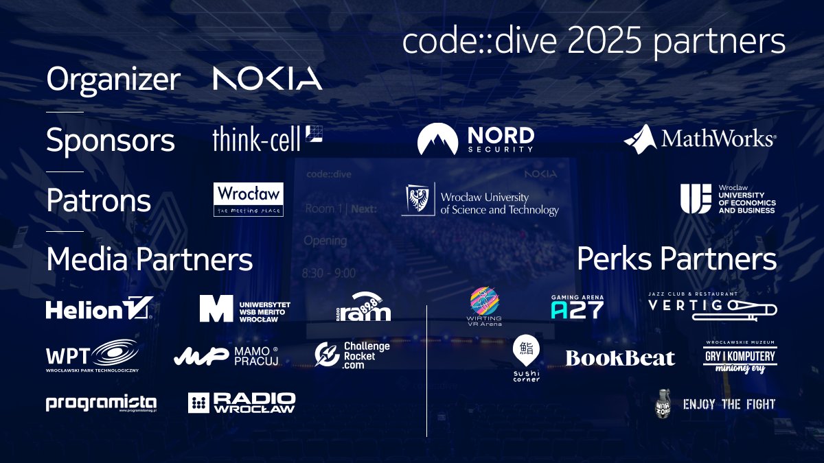 code_dive_pl's tweet image. A huge thank you to all partners and sponsors of the 12th edition of code::dive 2025! 

Your incredible support and collaboration made this conference an unforgettable experience, reaching more people than ever. 

We appreciate you!

#codedive2025